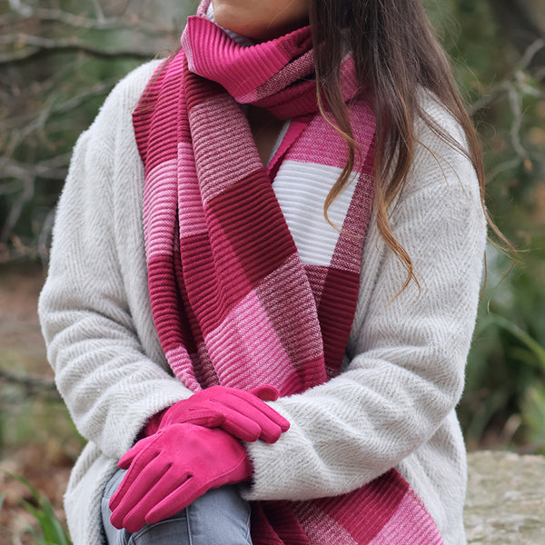 Raspberry, Red & White Mix Pleated Check Scarf