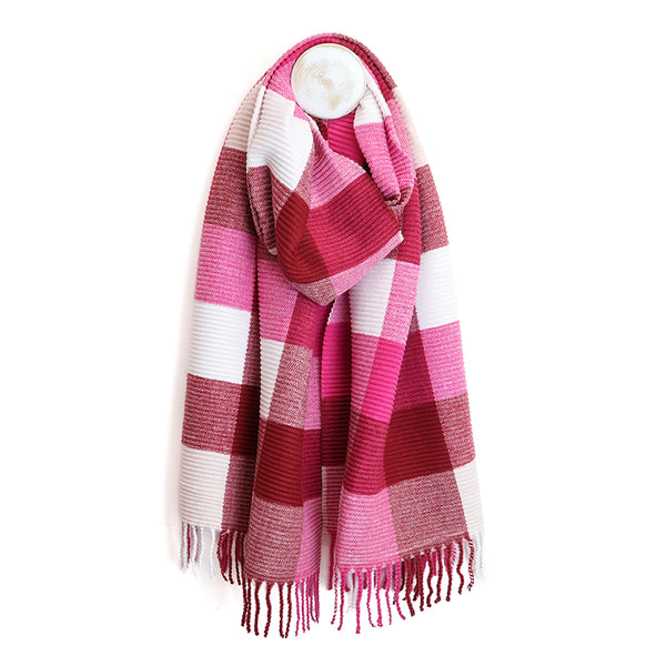 Raspberry, Red & White Mix Pleated Check Scarf