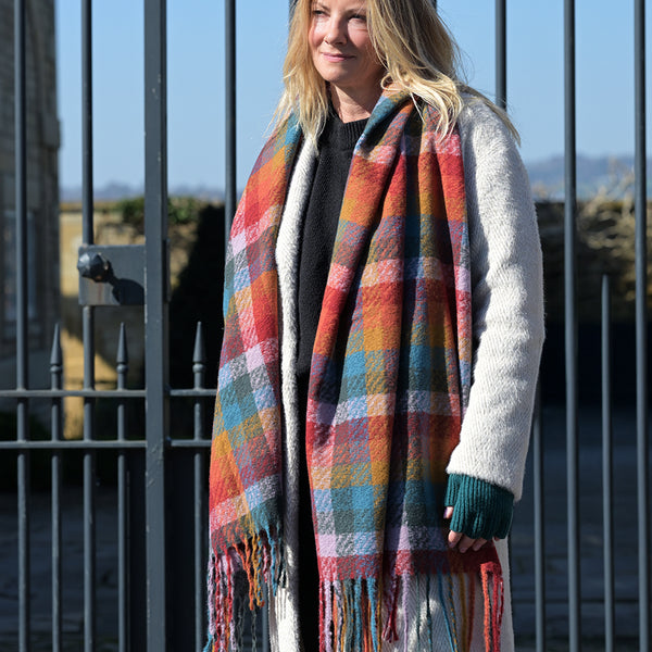 Red, Lilac & Multi Mix Check Weave Scarf