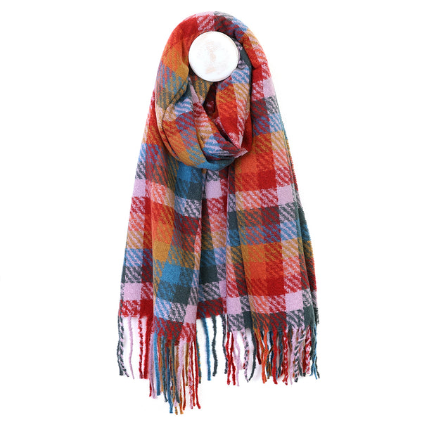 Red, Lilac & Multi Mix Check Weave Scarf