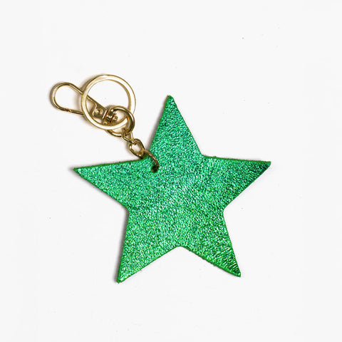 Green Metallic Italian Leather Star Keyring