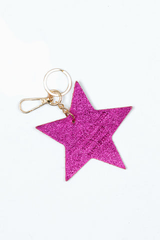 Pink Metallic Italian Leather Star Keyring