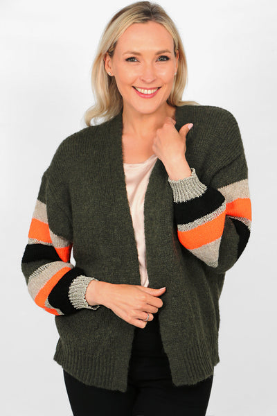Khaki Beige Orange Wool Blend Colourblock Sleeve Cardigan