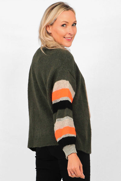Khaki Beige Orange Wool Blend Colourblock Sleeve Cardigan