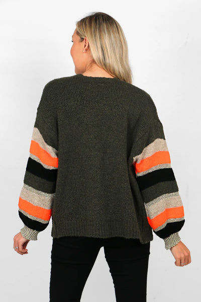 Khaki Beige Orange Wool Blend Colourblock Sleeve Cardigan