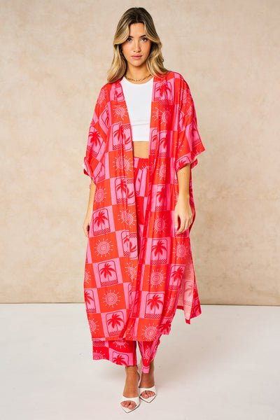 Pink Sun & Palm Tree Long Kimono