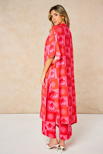 Pink Sun & Palm Tree Long Kimono