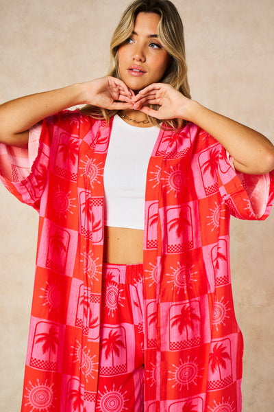 Pink Sun & Palm Tree Long Kimono