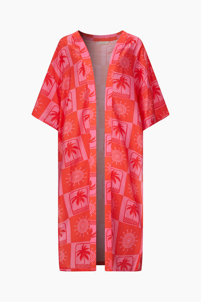 Pink Sun & Palm Tree Long Kimono