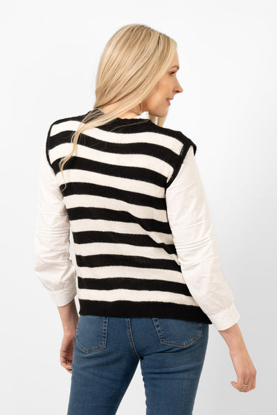 Wool Blend Round Neck Tank Top - Black & Cream Stripe