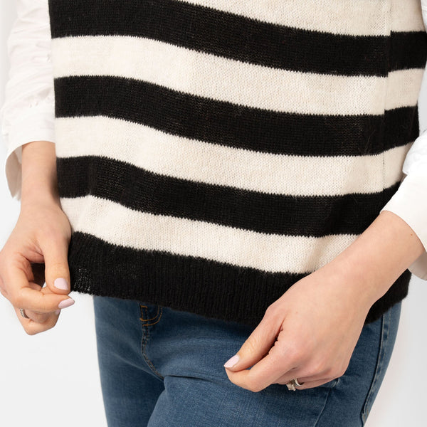 Wool Blend Round Neck Tank Top - Black & Cream Stripe