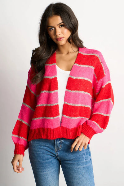 Glitter Striped Italian Wool Blend Cardigan in Red