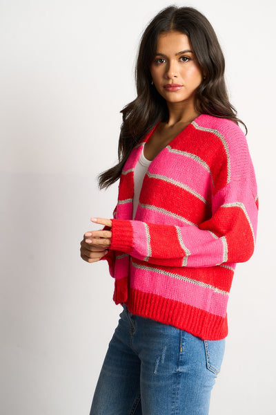 Glitter Striped Italian Wool Blend Cardigan in Red