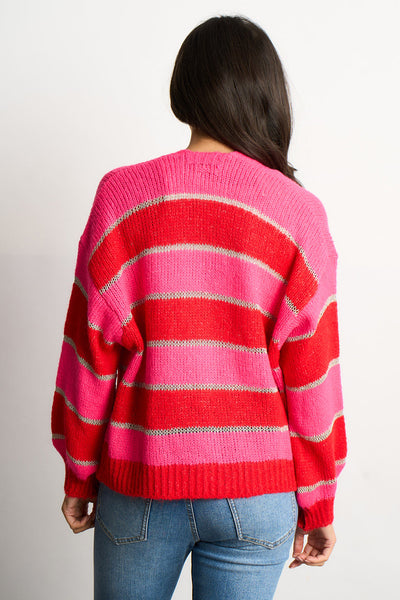 Glitter Striped Italian Wool Blend Cardigan in Red