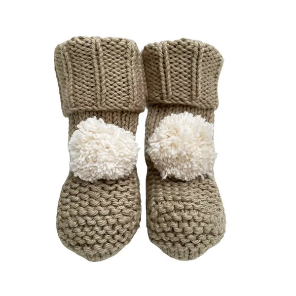 Baby Pom Pom Booties Beige – 0-9 Months