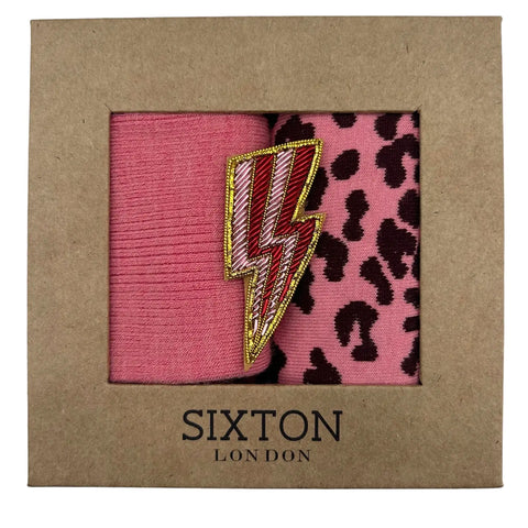 Pink Leopard Sock Duo Box with Lightning Bolt Brooch