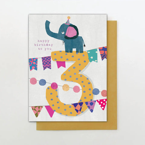 Happy Birthday Card | Age 3 Elephant & Bunting