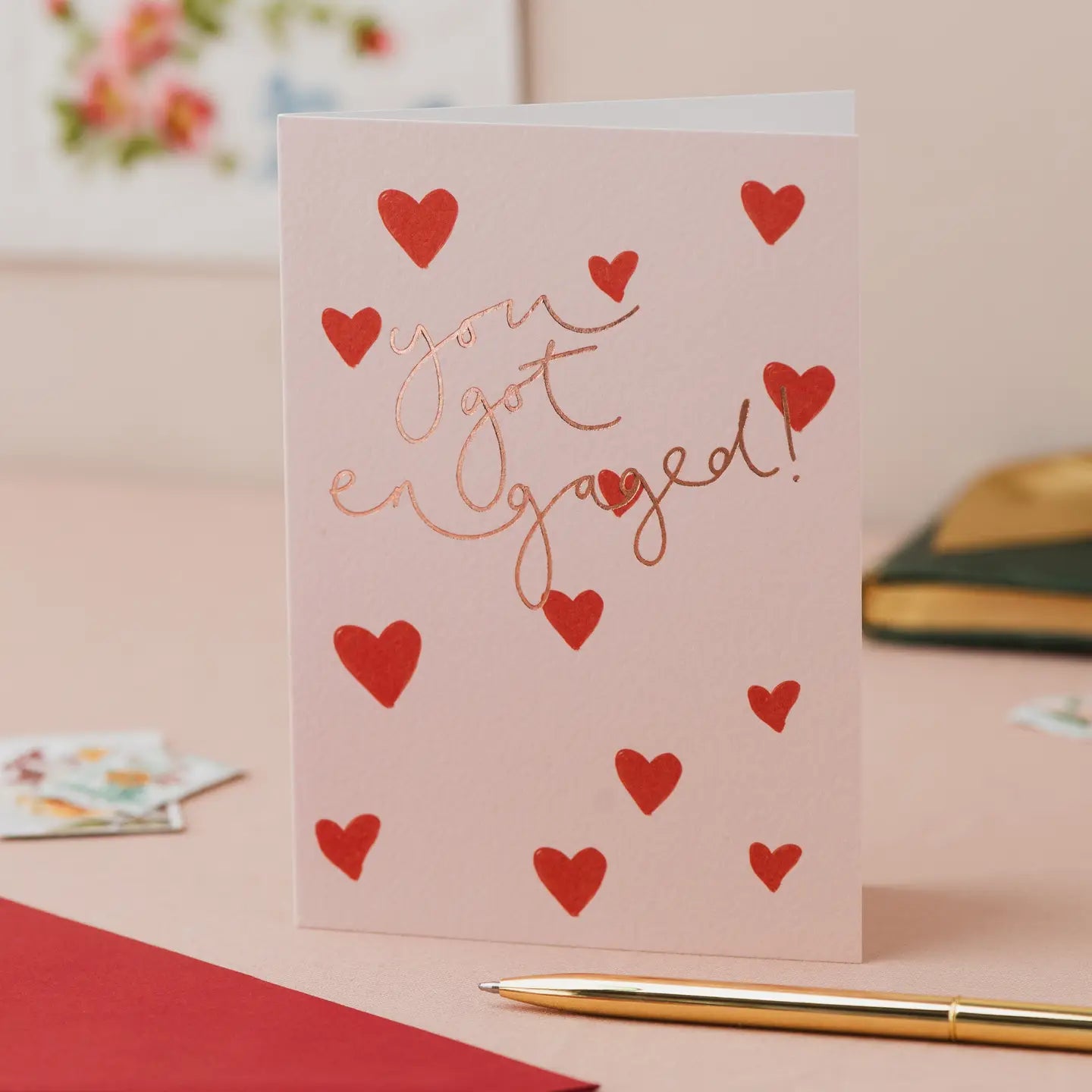 'You Got Engaged' Hearts Rose Gold Foil Card