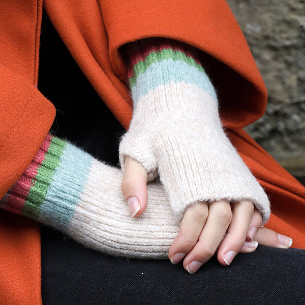 Oatmeal Stripe Edge Wrist Warmers