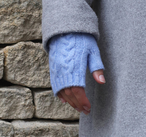 Ice Blue Cable Knit Recycled Wrist Warmers