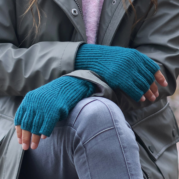 Teal Ribbed Fingerless Recycled Blend Gloves