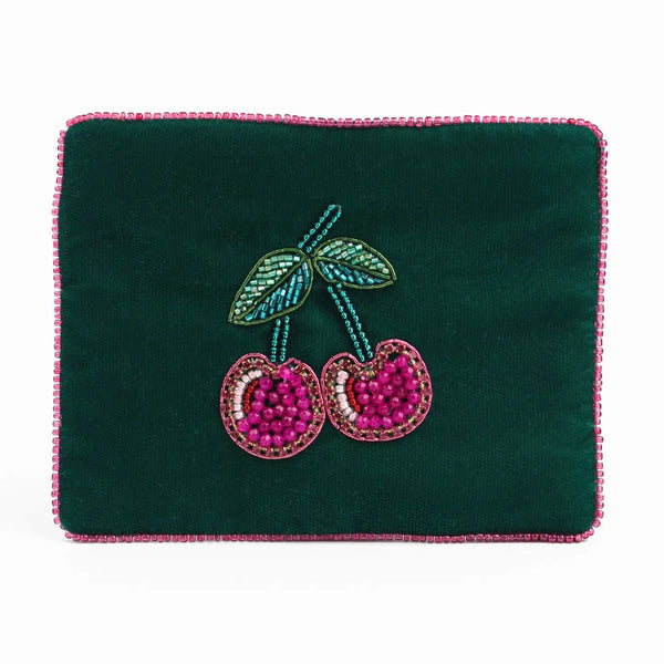 Cherry Green Velvet Small Pouch