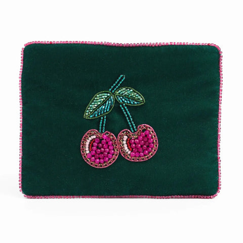 Cherry Green Velvet Small Pouch
