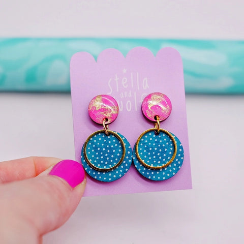 Pretty Teal and Pink Statement Earrings, Polka Dot Drop