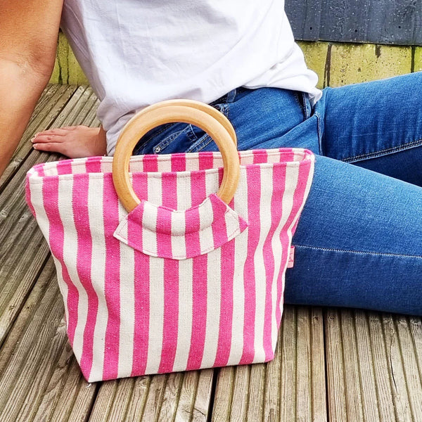 Wooden Handle Grab Bag – Pink Seaside Stripe