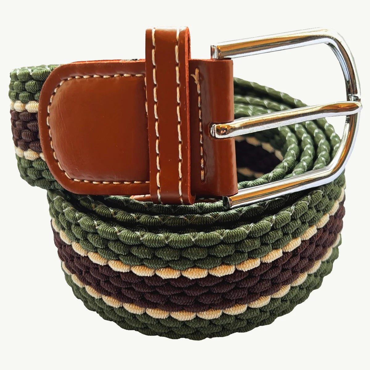 Horizontal Stripe Woven Elasticated Belt - Green, Brown and Beige