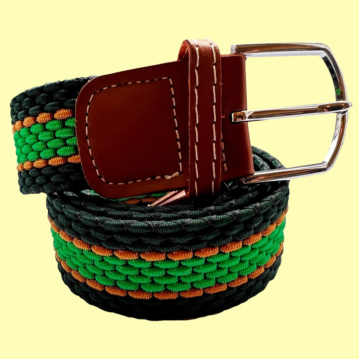 Horizontal Stripe Woven Elasticated Belt - Green, Orange & Bottle Green