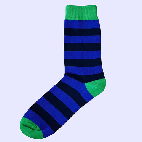 Menswear Socks - Hooped Stripe with Contrasting Heels and Toes - Royal Blue, Navy and Green