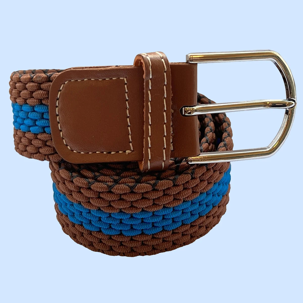 Horizontal Stripe Woven Elasticated Belt - Brown and Electric Blue