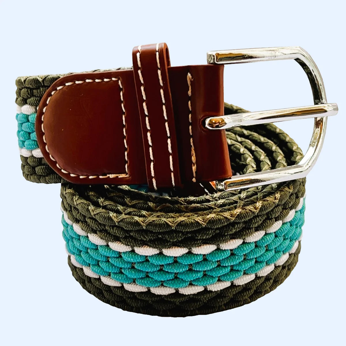 Horizontal Stripe Woven Elasticated Belt - Khaki Green, Light Blue and White