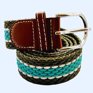 Horizontal Stripe Woven Elasticated Belt - Khaki Green, Light Blue and White