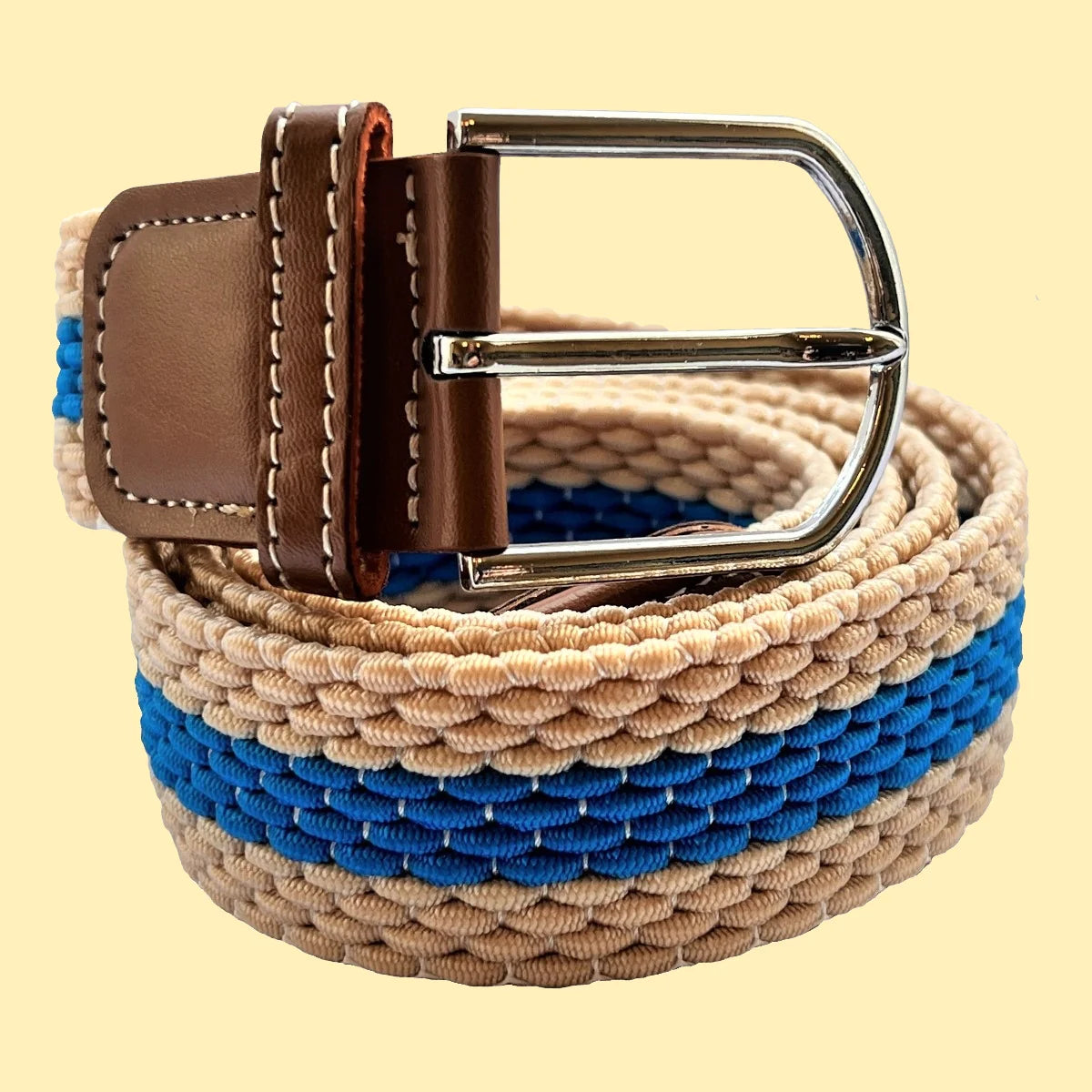 Horizontal Stripe Woven Elasticated Belt - Beige and Electric Blue