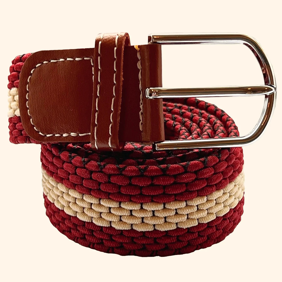 Horizontal Stripe Woven Elasticated Belt - Wine and Cream