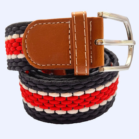 Horizontal Stripe Woven Elasticated Belt - Red, Navy and White