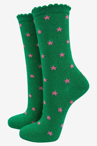 Women's Star Print Cotton Glitter Socks in Green