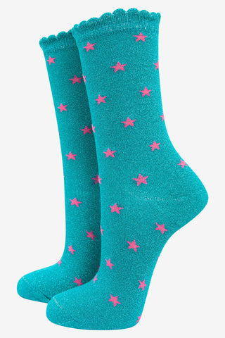 Women's Star Print Cotton Glitter Socks in Aqua Blue
