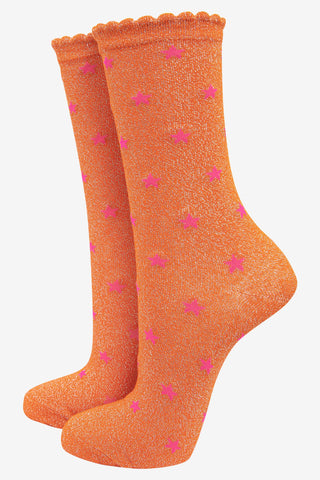 Women's Star Print Cotton Glitter Socks in Orange