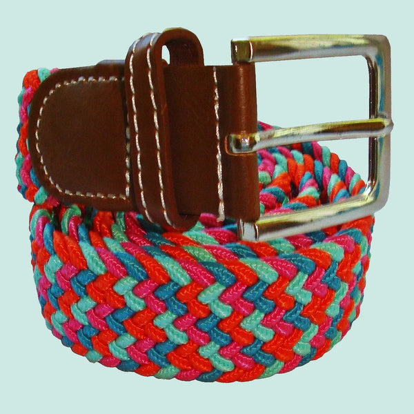 Multi Colour Woven Elasticated Belt -Red, Pink, Green and Blue