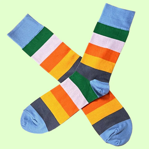 Multi Coloured Stripe Socks - Blue, Green, Pink, Orange, Yellow and Grey
