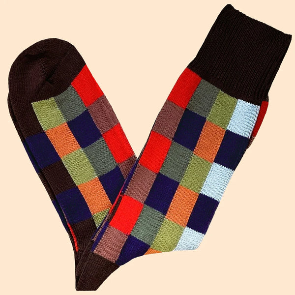 Men's Brown Check Socks - Multi Colour