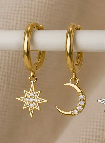 Gold Moon & Star Huggie Hoops