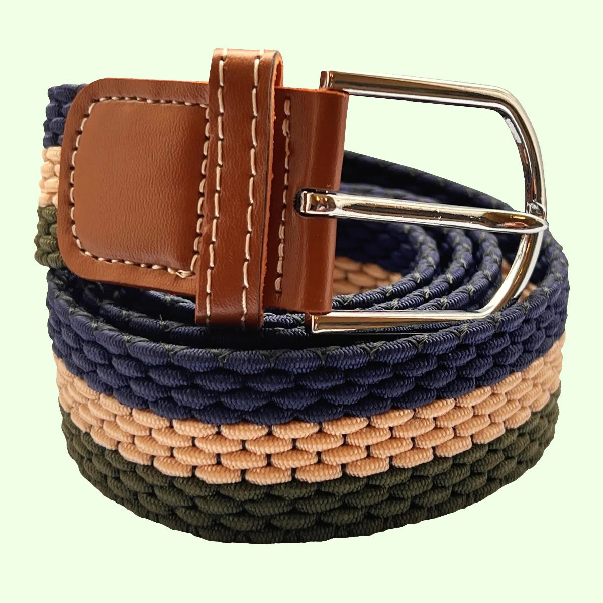 Horizontal Stripe Woven Elasticated Belt - Navy, Khaki Green and Beige