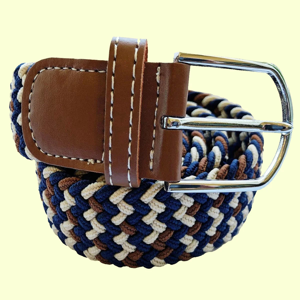 Triple Stripe Woven Elasticated Belt - Beige Brown and Navy