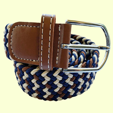 Triple Stripe Woven Elasticated Belt - Beige Brown and Navy