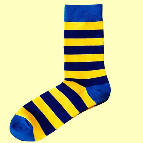 Men's Hooped Striped Socks - Royal Blue, Medium Blue and Yellow