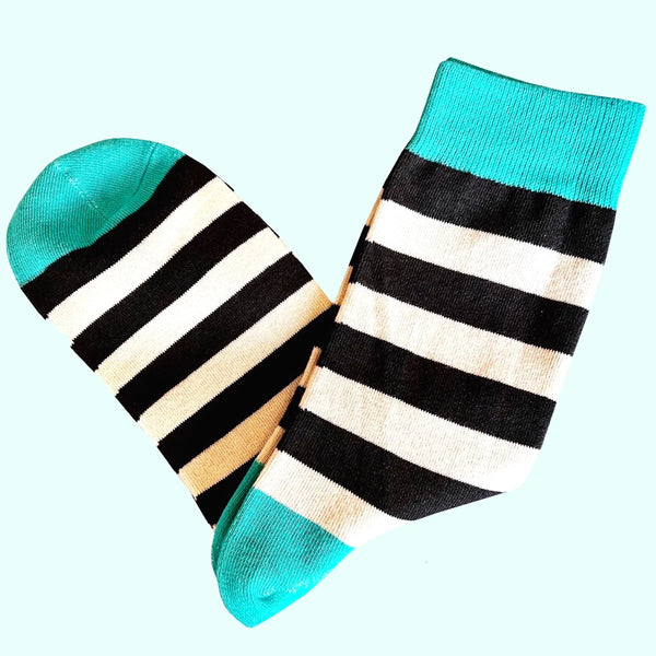 Men's Hooped Stripe Socks - Charcoal Grey, White and Turquoise
